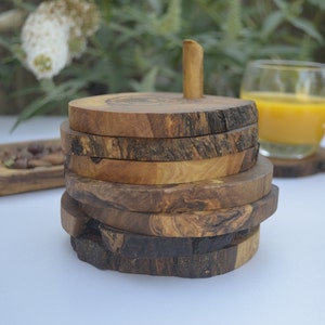 OLIVE  Wood RUSTIC COASTERS  Set  of 6- Hand carved by artisans - Tableware Coasters - Kitchen Table Housewarming Gift - Appleyard & Crowe