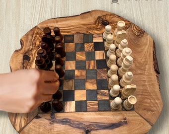 A perfect gift for Kids  - Handmade Chess Board  with pieces-RUSTIC OLIVE WOOD-beautifully detailed-Appleyard & Crowe