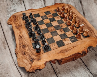 A perfect Gift - Handmade Chess Board - RUSTIC OLIVE WOOD - Beautifully detailed - unique piece - Appleyard & Crowe.