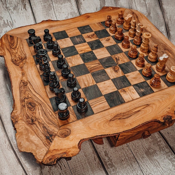 A perfect Gift - Handmade Chess Board - RUSTIC OLIVE WOOD - Beautifully detailed - unique piece - Appleyard & Crowe.