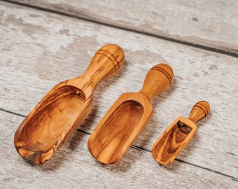 3 Pcs set - Natural OLIVE WOOD SCOOP/ Shovel -For Sugar Salt Seasoning Spices -Hand Carfted in Europe!  - Appleyard & Crowe