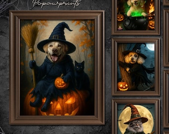 Custom Halloween Witch Pet Portrait : Spooky Pet Art Gift for Pet Lovers - Halloween Pet Wall Art H01
