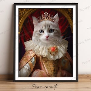 May include: A white cat with blue eyes wearing a gold crown and a pink and gold dress, sitting on a throne with a red velvet cushion. The cat is looking directly at the viewer.