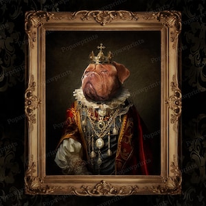 May include: A portrait of a dog wearing a gold crown and a red and gold robe. The dog is a brown and white mastiff breed. The portrait is framed in a gold ornate frame.