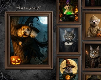 Custom Halloween Pet Witch Costume Portrait : Funny Personalized Pet Painting - Spooky Dog Artwork for Wall Art Gift for Pet Lover H02