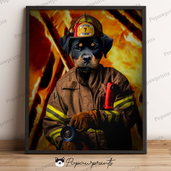 Firefighter Pet Portrait - Custom Pet Portrait - Firefighter Dog Portrait - Firefighter Cat Portrait - Pet Memorial - Firefighter - V2