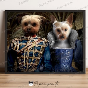 May include: A painting of two dogs dressed in royal attire. The dog on the left is wearing a blue and gold military uniform with a red sash. The dog on the right is wearing a blue and white dress with a gray collar. The dogs are posed against a dark background with a stone archway behind them.