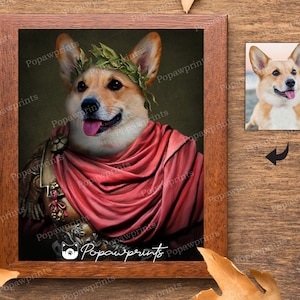 Puede incluir: Una pintura digital de un perro corgi con una toga roja y una corona de laurel. El perro mira hacia la derecha y tiene la lengua fuera. El fondo es de color verde oscuro.