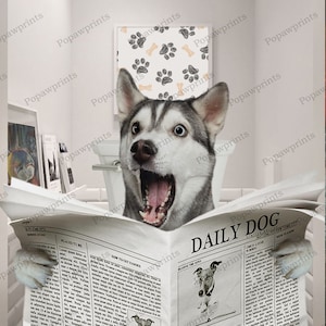 May include: A husky dog wearing a surprised expression sits on a toilet and reads a newspaper titled "Daily Dog". The newspaper has a black and white photo of a dog on the front page.