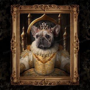 May include: A French Bulldog wearing a gold and white royal costume with a crown on its head, sitting on a throne in a gold frame.