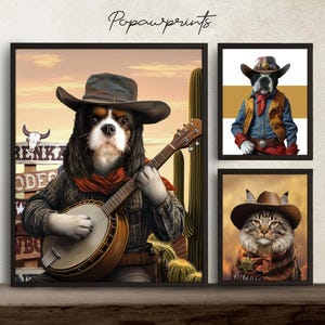 Custom Pet Portrait Western Cowboy Theme Dog Painting for Wall Decor Gift Ideas Personalize Western illustration for Pet Gift ideas CB2