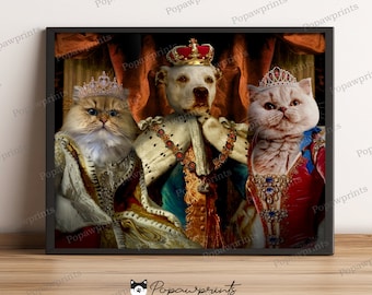 Custom King and Queens Pet Portrait - Group Pet Portrait - Multiple Pets Portrait - Royal King and Queen Pet Portrait - Pet Print - 3in1 V1