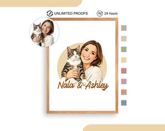 Custom Pet and Owner Drawing / Portrait from Photo : Personalized Cat Dog Painting, Memorial Gift