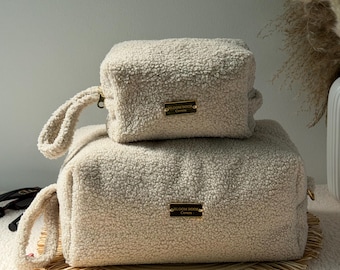 Plush Cosmetic Bag in Teddy Fabric with Gold Zipper