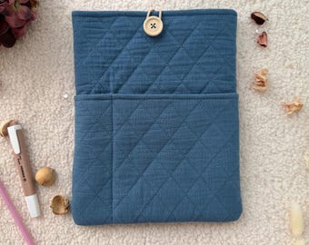 Quilted Bible Sleeve, wood button closure, Blue quilted book cover, personalised with name