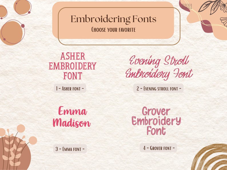 May include: A graphic featuring four embroidery fonts: Asher, Evening Stroll, Emma Madison, and Grover. The fonts are displayed in a pink hue against a beige background. The text "Embroidering Fonts" is at the top.