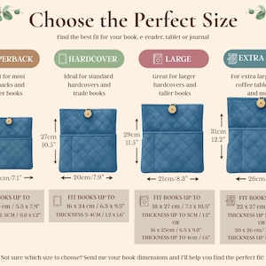 May include: A size guide chart for blue quilted book sleeves featuring four sizes: Paperback (9.1 x 7.1 inches), Hardcover (10.5 x 7.9 inches), Large (11.5 x 8.3 inches), and Extra Large (12.2 x 10.2 inches), each with a button closure and dimensions.