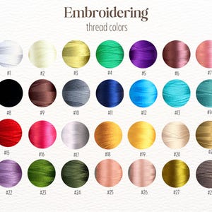 May include: A color chart of embroidery thread options. The image displays 28 thread colors, each in a circular form, with a corresponding number. Colors range from white, black, and grey to vibrant hues like red, pink, and teal. The text "Embroidering thread colors" is at the top.