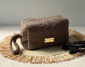Brown Bouclé Teddy Toiletry Bag, Gold Zipper Makeup Pouch, Handmade Travel Bag