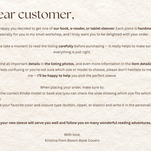 May include: A customer information card with dark brown text on a textured off-white background. The text addresses book, e-reader, and tablet sleeve orders, providing instructions on selecting models, sizes, colors, and closure types like buttons.
