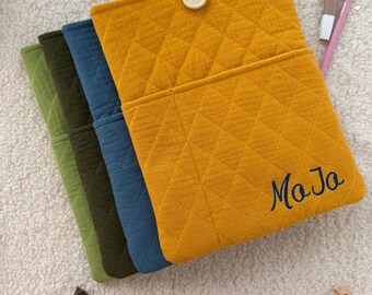 Personalized Quilted Kindle Sleeve, Padded Embroidered E-Reader Cover with Pocket