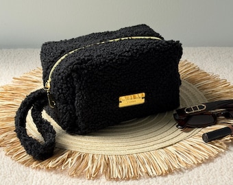 Black Teddy Makeup Bag in Bouclé Fabric with Gold Zipper