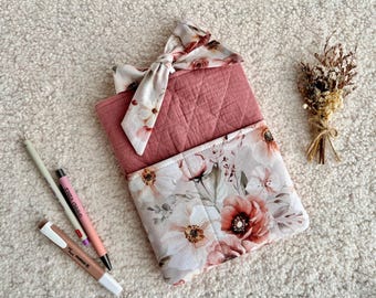Personalized Floral Quilted Book Sleeve, Embroidered Journal Cover, Planner Case Pocket