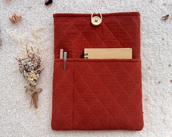 Quilted Bible Cover, Brown Embroidered Sleeve with pocket, Christian Gift