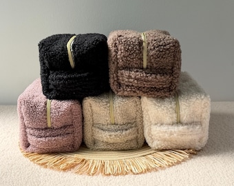 Teddy Makeup Bag in Bouclé Fabric with Gold Zipper