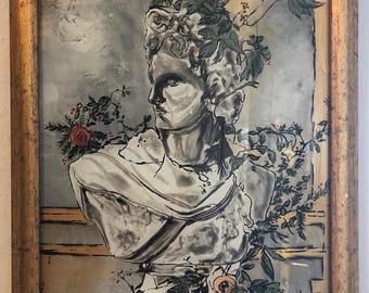 Handgemalte Hinterglaskunst, Antike Griechische Büste Kunstwerk, Botanische Skulptur Malerei, Vintage Stil Wanddekoration, Einzigartige Handgemachte Glas Pa