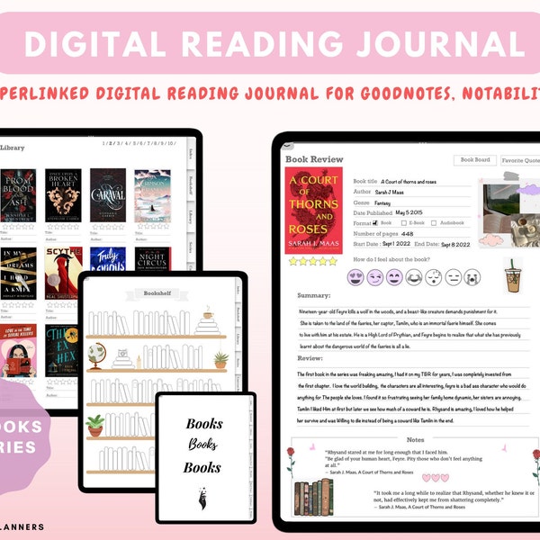 Digital Reading Planner, Digital Reading Journal, Reading Ipad Planner, Goodnotes, Tracker, Log, Book Review, Bookshelf, Book Board, list