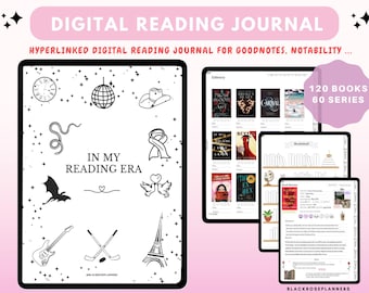 May include: A digital reading journal template for Goodnotes and Notability. The template features a black and white design with illustrations of a disco ball, a cowboy hat, a snake, a ribbon, a bat, a guitar, a hockey stick, and the Eiffel Tower. The text "In My Reading Era" is featured in the center of the template. The template is designed to help users track their reading progress and organize their book lists. The template includes 120 books and 60 series.