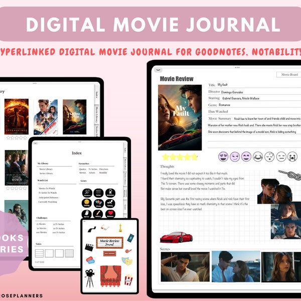 Digital Movie Journal, Movie Tracker, Digital TV Series Journal, Tv-series, Filmrecensie, Filmjournaal, Filmplanner, Filmlogboek, Goodnotes