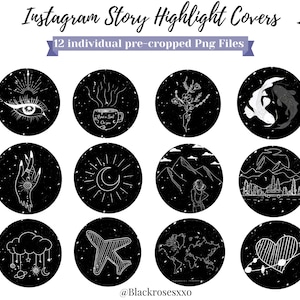 May include: Twelve black and white Instagram story highlight covers with various designs, including an eye, a cup of coffee, a flower, fish, a hand with a ring, a sun and moon, mountains, a plane, a world map, and a heart. The covers have a distressed, vintage look.