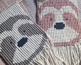 Macrame weave sloth. knotted recyled cotton cord. Pink and brown.