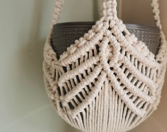 Stunning detailed macrame cord plant hanger. Indoor plant. Eco friendly Cotton cord. Unique gift. Boho interiors. Hanging. Grey or natural.