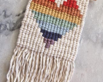 Macrame knotted rainbow heart weave wall hanging. home decor.