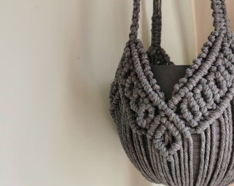 Beautiful patterned macrame plant hanger. Indoor plant ceiling hanging. Dark grey. Unique design. Boho interiors. Cotton cord. Gift.