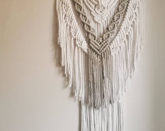 Macrame wall hanging. White and silver. Modern Boho style. Cotton cord.