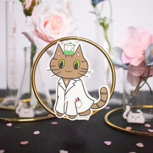 トラ猫、白衣を着た猫、ビニールステッカー、猫ステッカー、科学ステッカー、かわいいステッカー