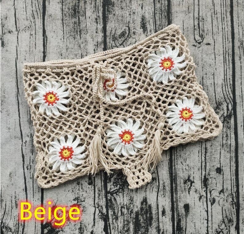Handmade Crochet Crop Tank Floral Hippie Crop Short Cotton Boho Tank Set Top Set Vintage Daisy Flower Crochet Top and Shorts