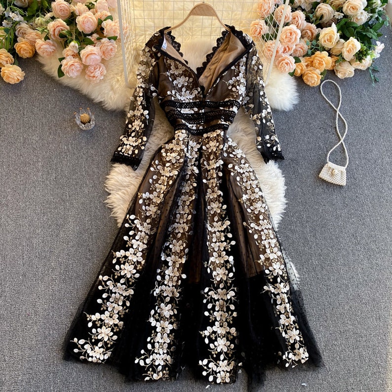 Embroidery Flower A-line Dress Retro V Neck Mesh Dress Elegant Vintage Embroidery Elegant Dress