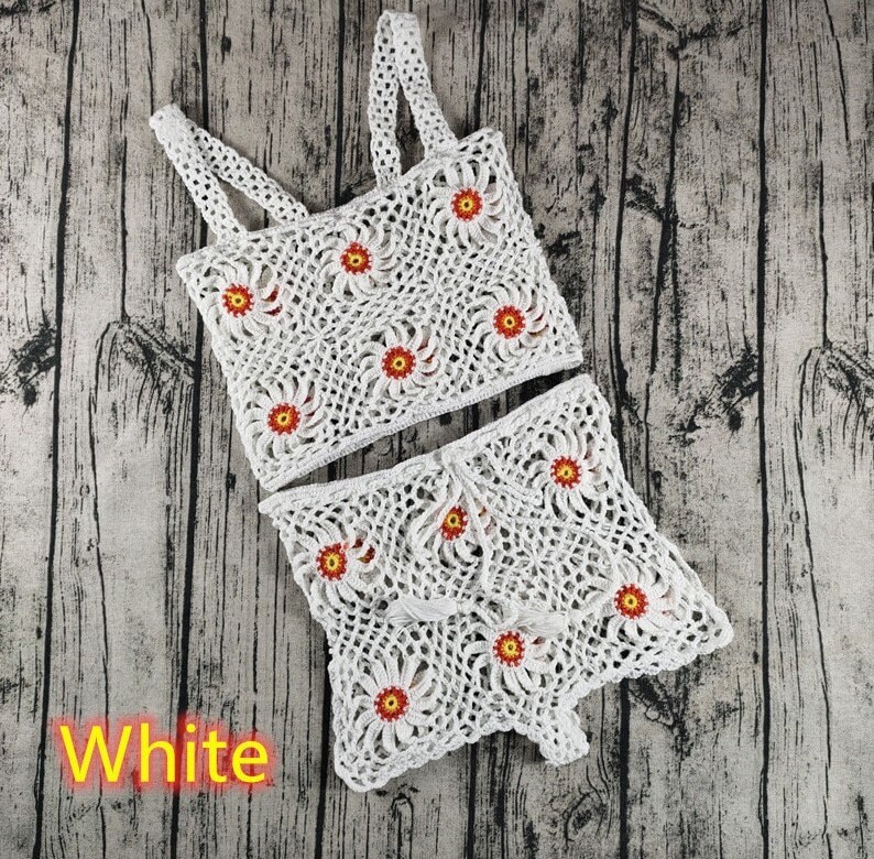 Handmade Crochet Crop Tank Floral Hippie Crop Short Cotton Boho Tank Set Top Set Vintage Daisy Flower Crochet Top and Shorts