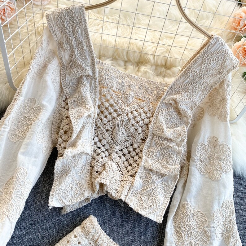 Cute Vintage Top and Shorts Retro Knit Handmade Crochet Set Blouse and Pants Boho Crochet Set Vintage Crop Top Hippie Top and Shorts