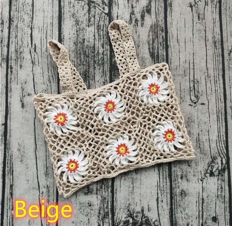Handmade Crochet Crop Tank Floral Hippie Crop Short Cotton Boho Tank Set Top Set Vintage Daisy Flower Crochet Top and Shorts