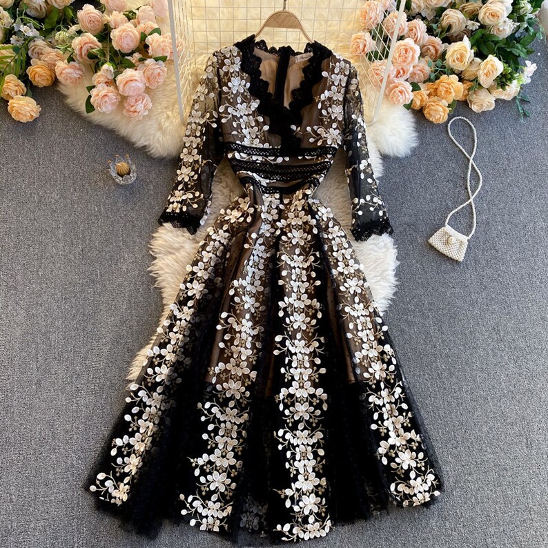 Embroidery Flower A-line Dress Retro V Neck Mesh Dress Elegant Vintage Embroidery Elegant Dress