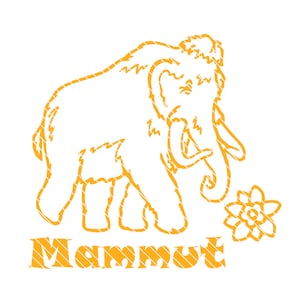 May include: A yellow line drawing of a mammoth with a flower. The word "Mammut" is written below the mammoth.