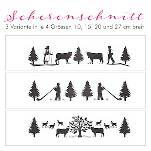 May include: Three silhouette designs for paper cutting, featuring a person with a cow, a person playing a horn, and a tree with goats. The text "Scherenschnitt" and "3 Variante in je 4 Grössen 10, 15, 20 und 27 cm breit" is at the top of the image.