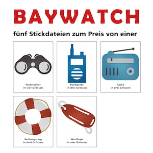 Könnte beinhalten: Fünf Stickdateien zum Thema Baywatch: Fernglas, Walkie-Talkie, Radio, Rettungsring und Wurfboje. Jedes Design ist in mehreren Größen erhältlich.