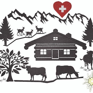 Puede incluir: Ilustración en silueta en blanco y negro de un chalet suizo con un corazón rojo con una cruz blanca en la parte superior, rodeado de montañas, árboles, una vaca y dos cabras. También hay una flor de edelweiss blanca.